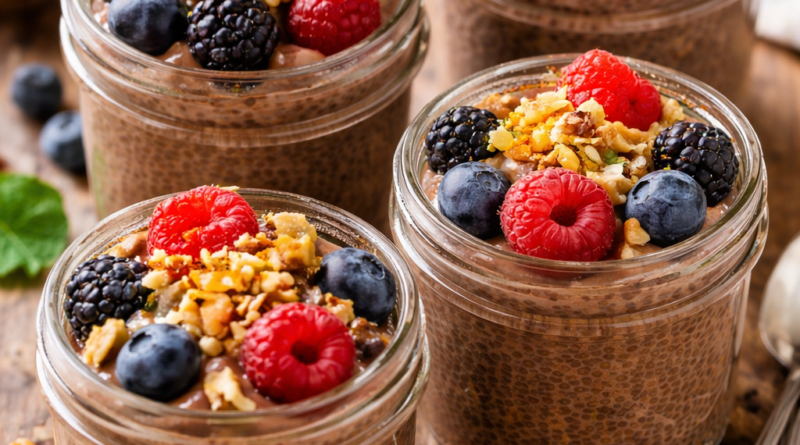Chia pudding parfaits with berries and walnuts