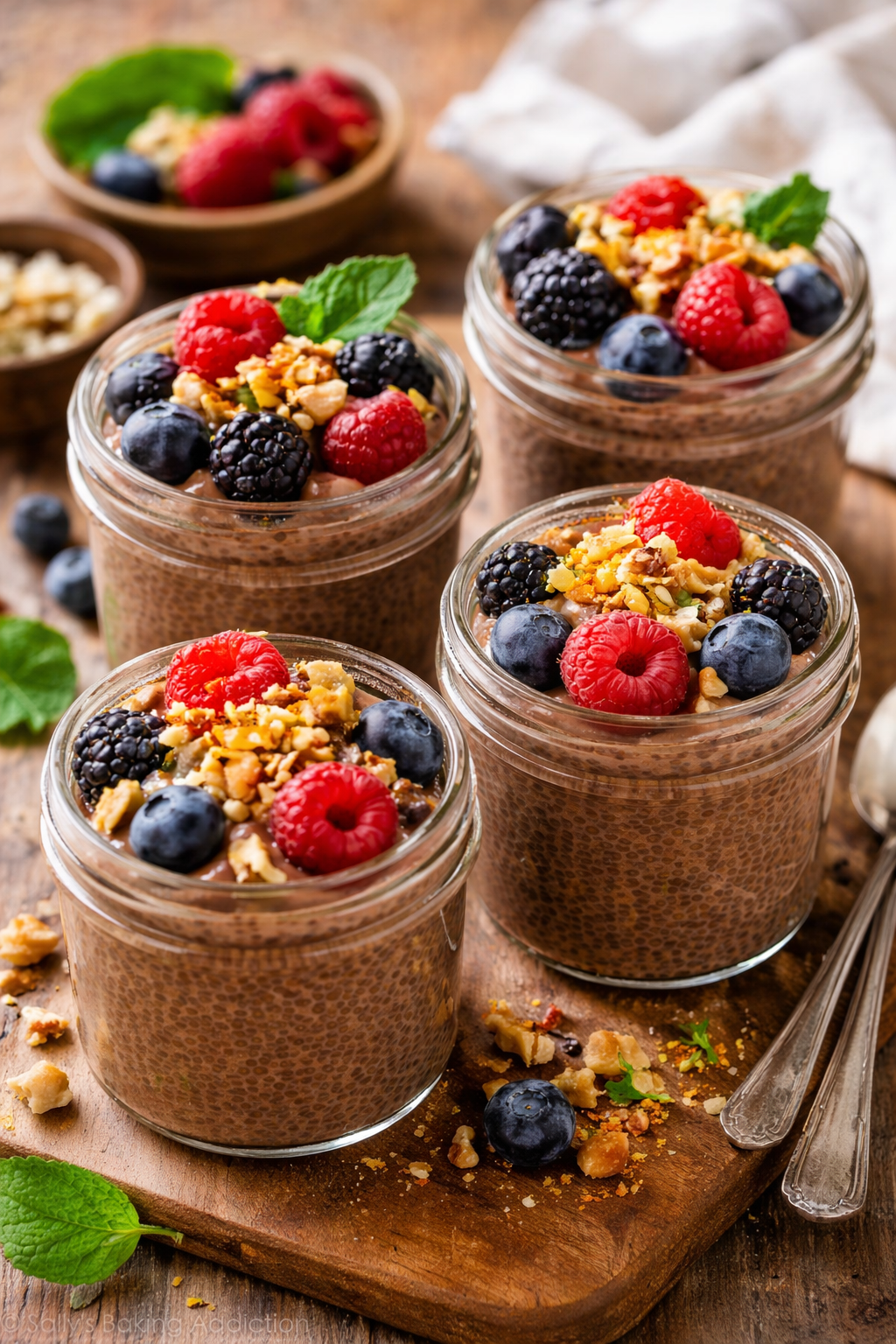 Chia pudding parfaits with berries and walnuts